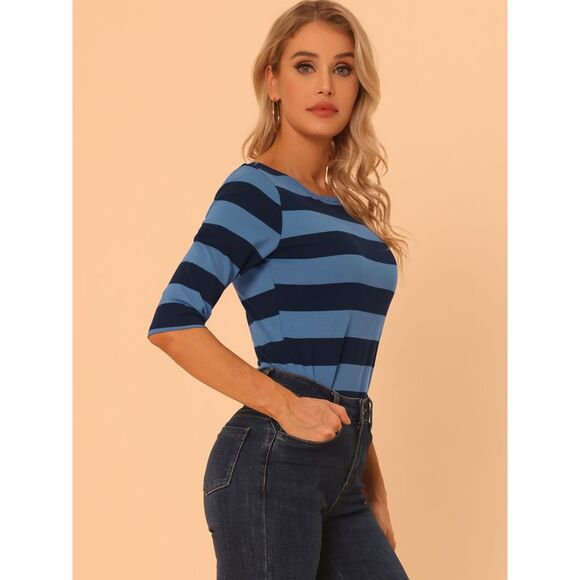 Elbow Sleeves T-shirt Casual Boat Neck Slim Fit Tee Blue - Picture 3 of 5